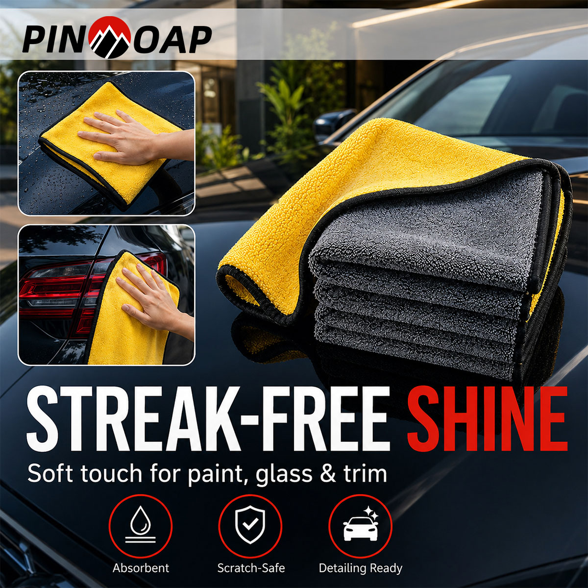 Microfiber Towel Detailing - PINMOAP 1/3/5/10 adet mikrofiber temizlik bezi